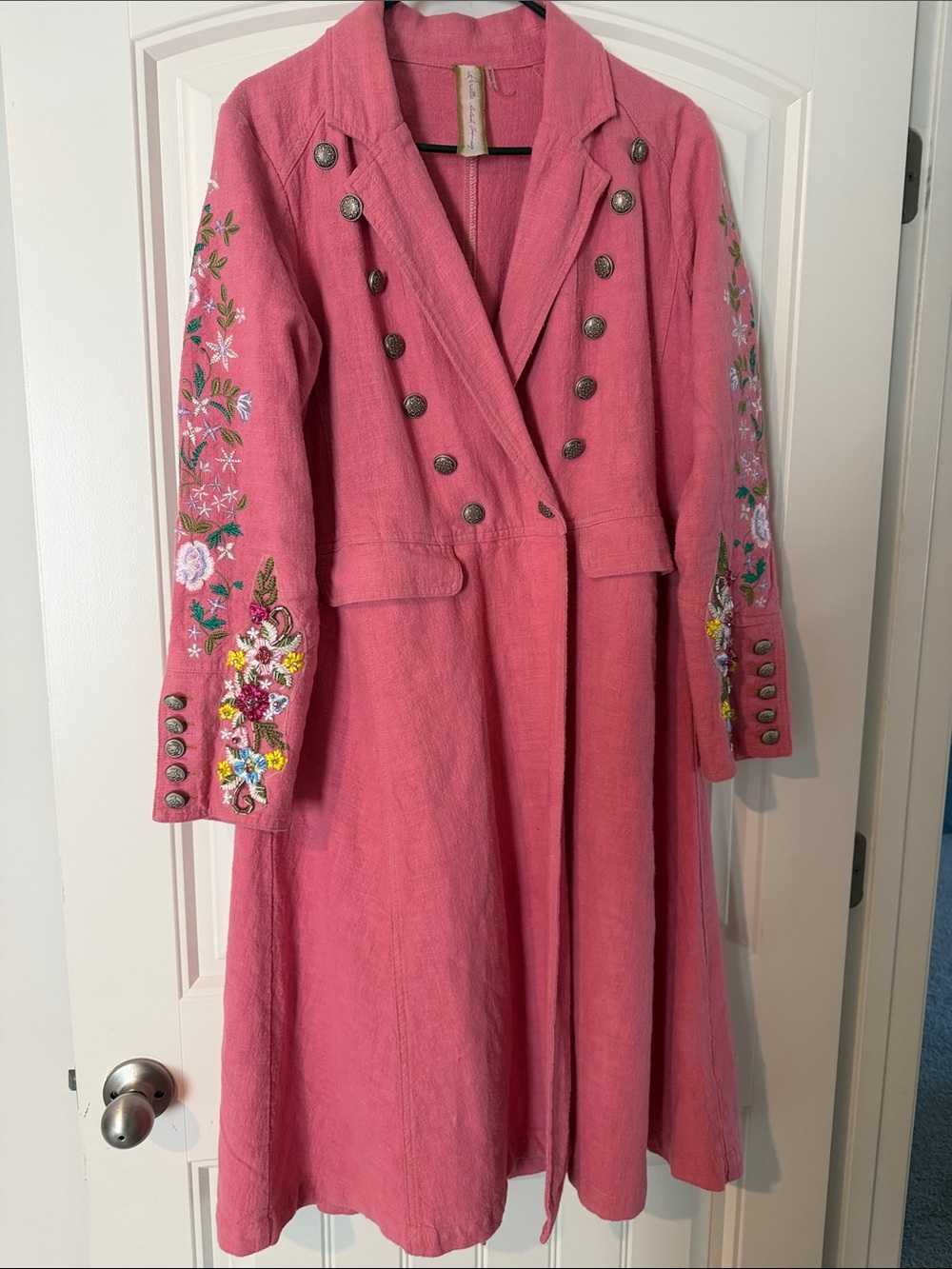 Pink Embroidered Double-Breasted Women's Dress Coat